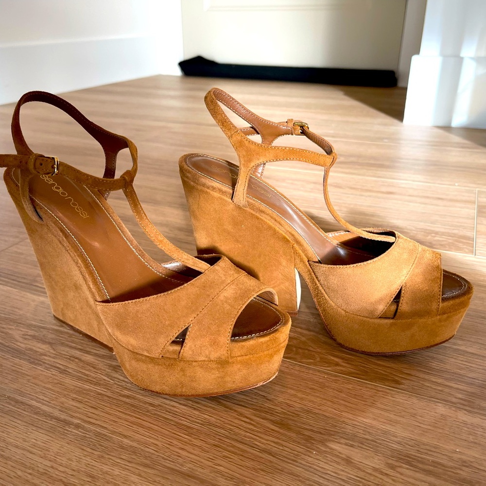 Sergio Rossi Suede T-Bar Wedge Sandals 7.5